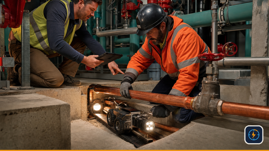 Plumber and facility manager coordinating beside a pipe-inspection crawler at night