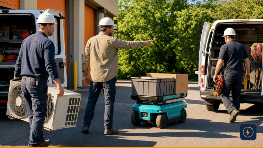 Field coordinator directing service specialists and an autonomous equipment cart