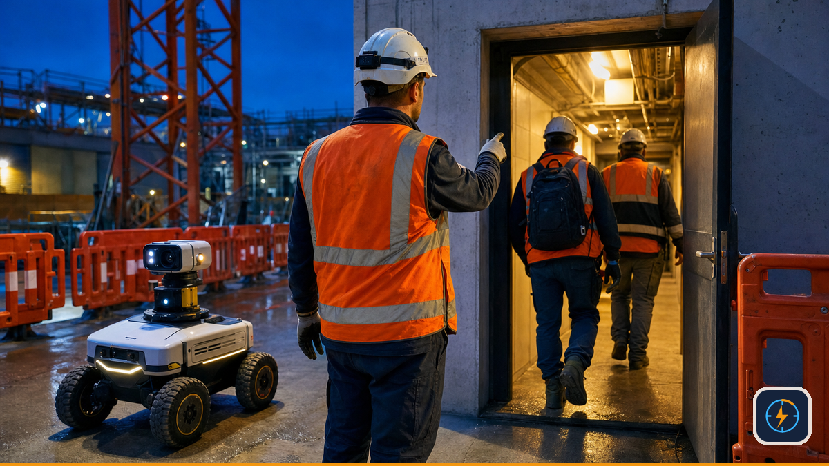 Night supervisor coordinating specialists and an inspection rover at a construction site