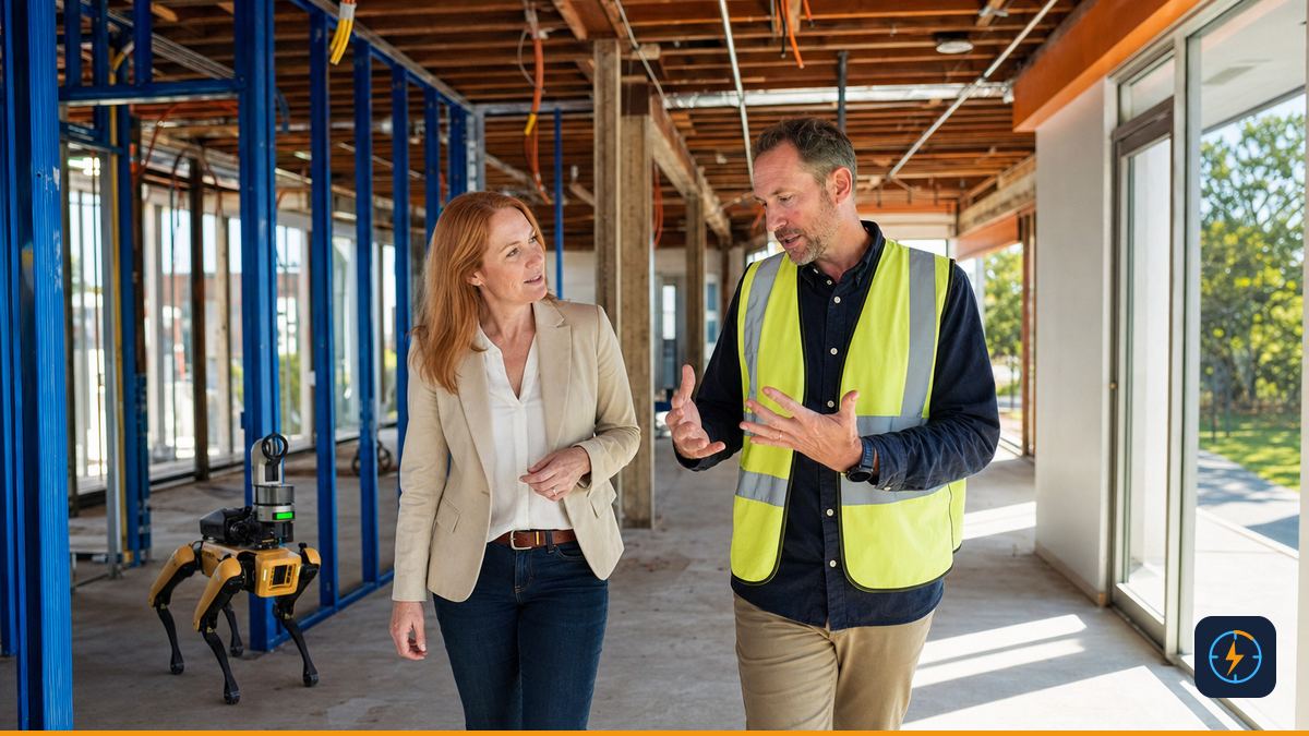 Estimator and client walking a renovation site while a surveying robot scans the space