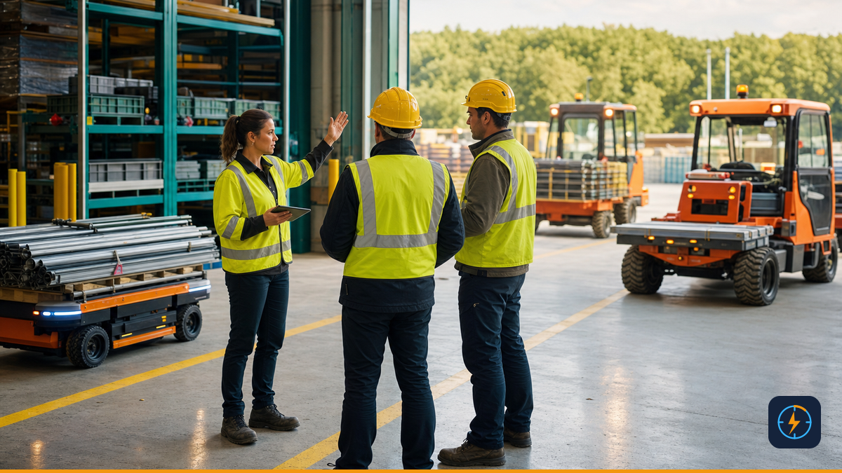 Construction coordinator briefing specialists as an autonomous cart moves materials