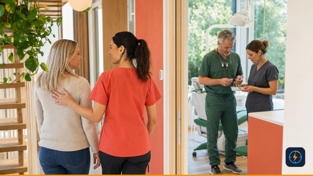 Dental coordinator leading a returning patient to a prepared consultation