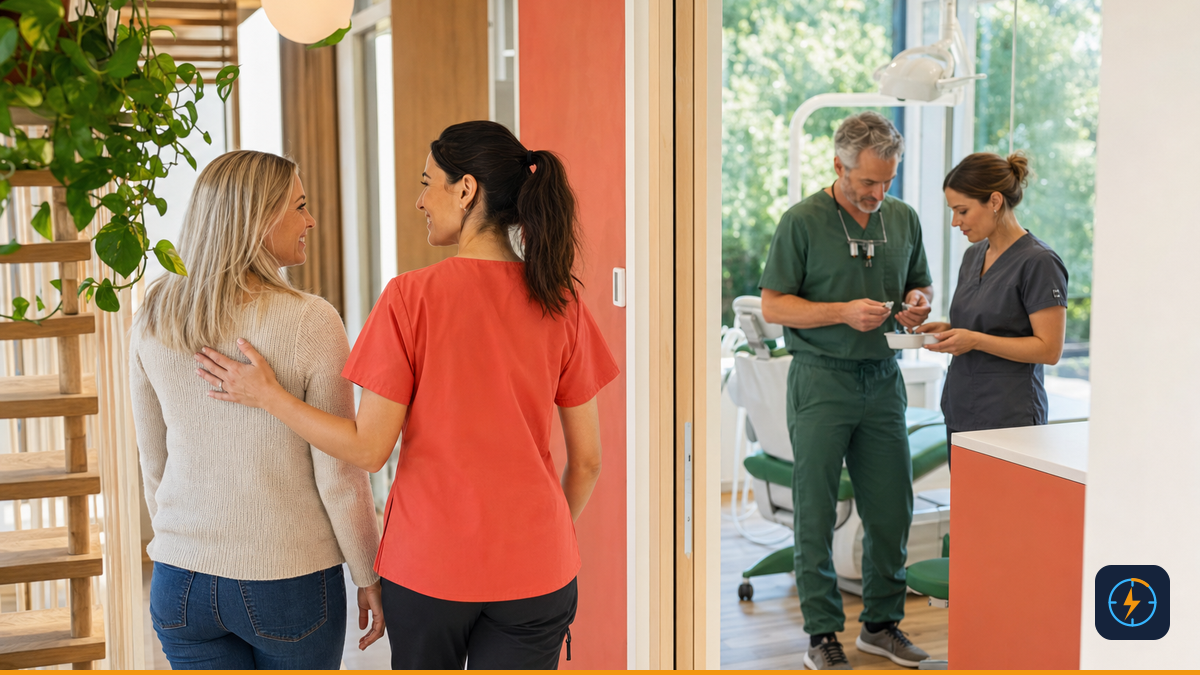 Dental coordinator leading a returning patient to a prepared consultation
