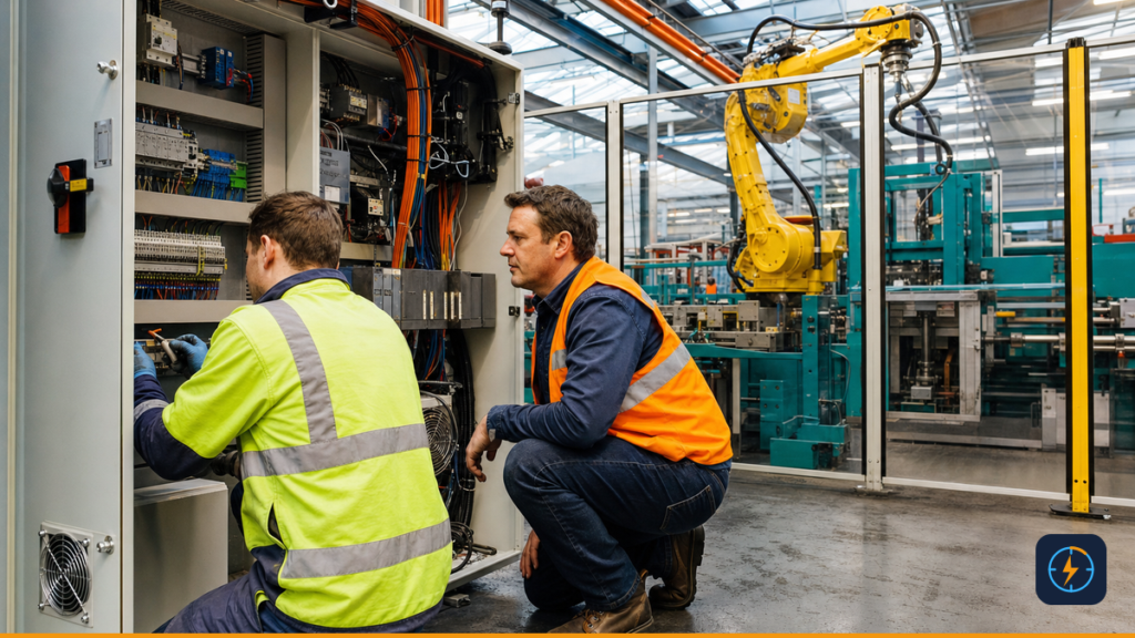 Electrician and production manager inspecting controls beside a safely paused robotic arm