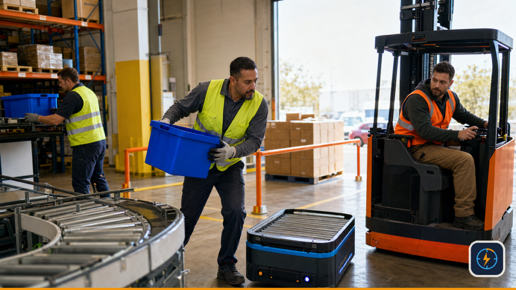 Logistics team and autonomous mobile robot returning an urgent load to the active flow