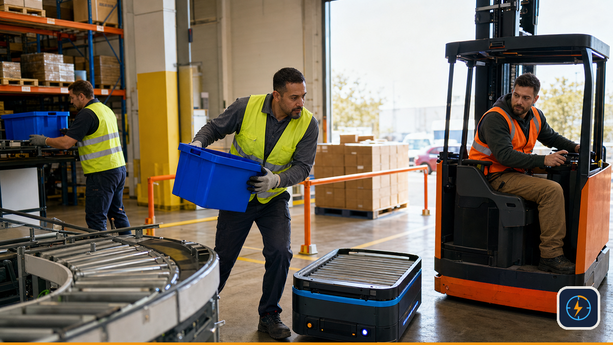 Logistics team and autonomous mobile robot returning an urgent load to the active flow