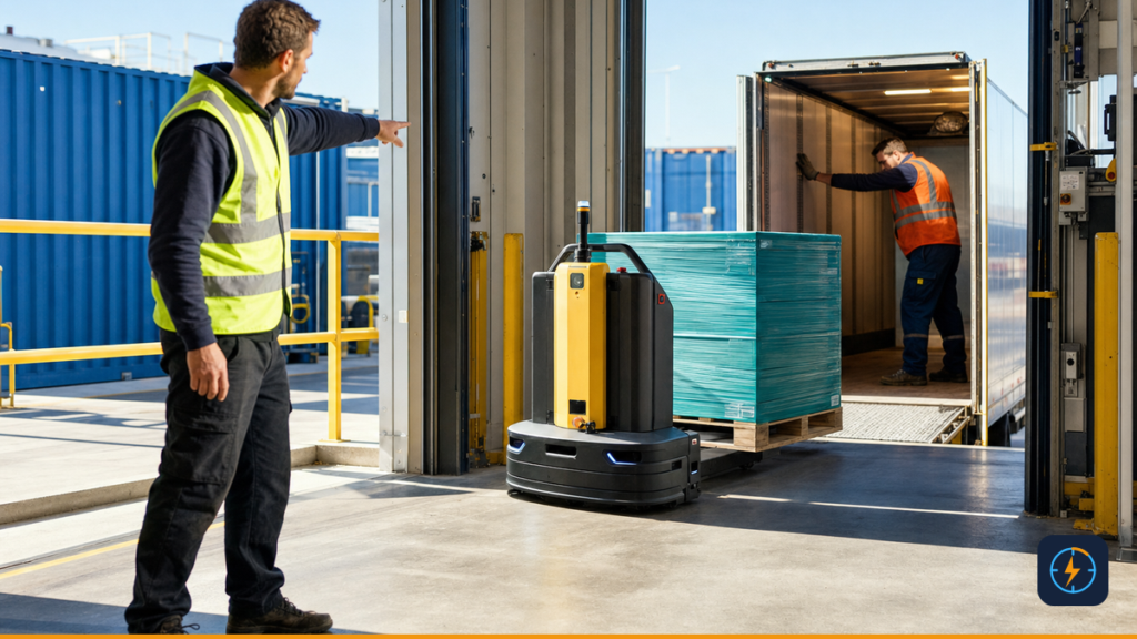 Logistics supervisor redirecting an urgent pallet and autonomous mobile robot