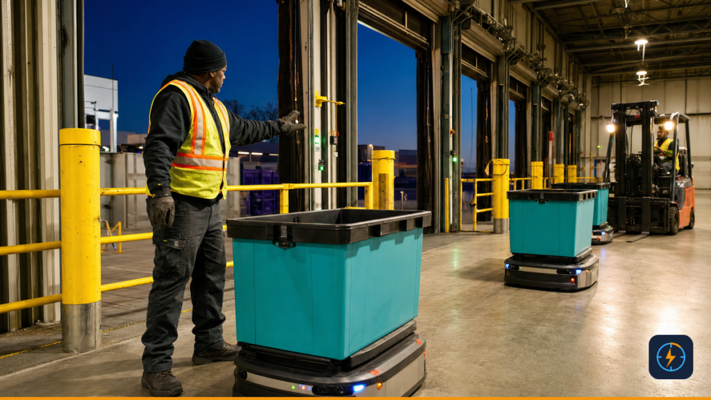 Night-shift supervisor coordinating autonomous mobile robots at a logistics cross-dock