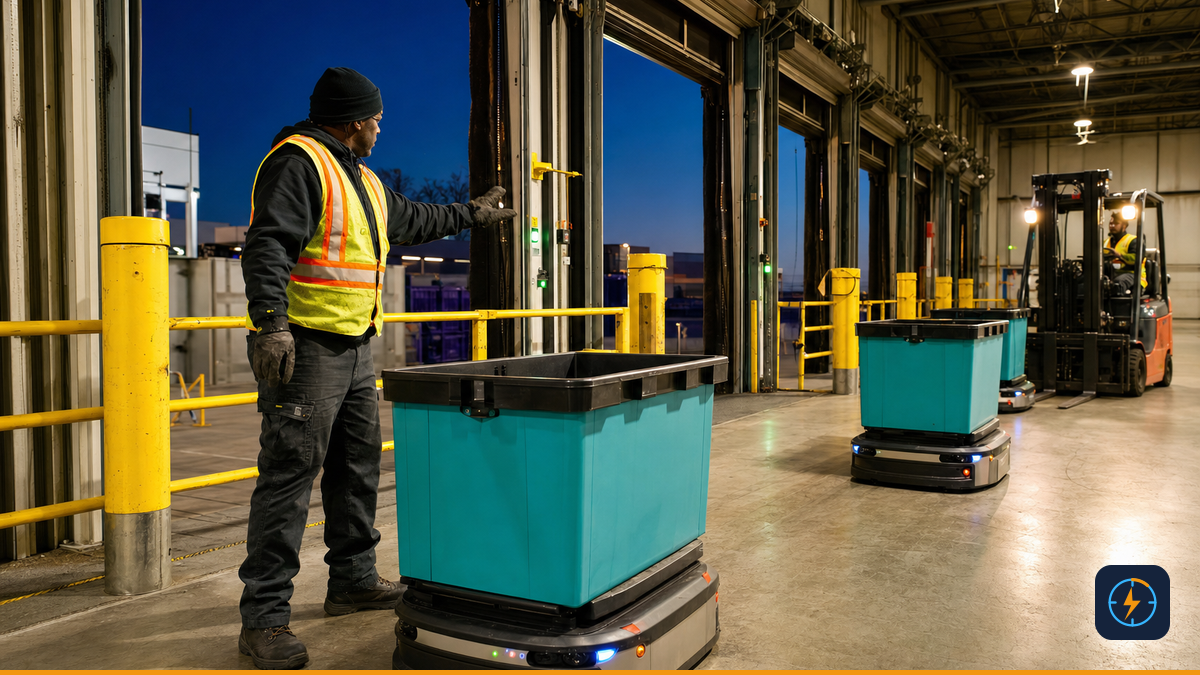 Night-shift supervisor coordinating autonomous mobile robots at a logistics cross-dock