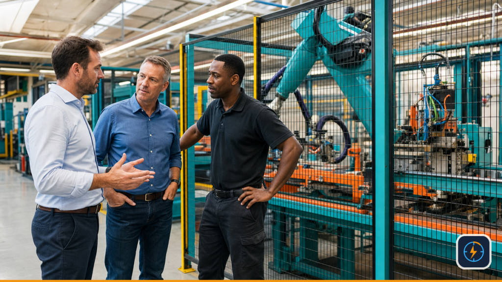 Manufacturing team welcoming a prospective customer beside a robotic assembly cell