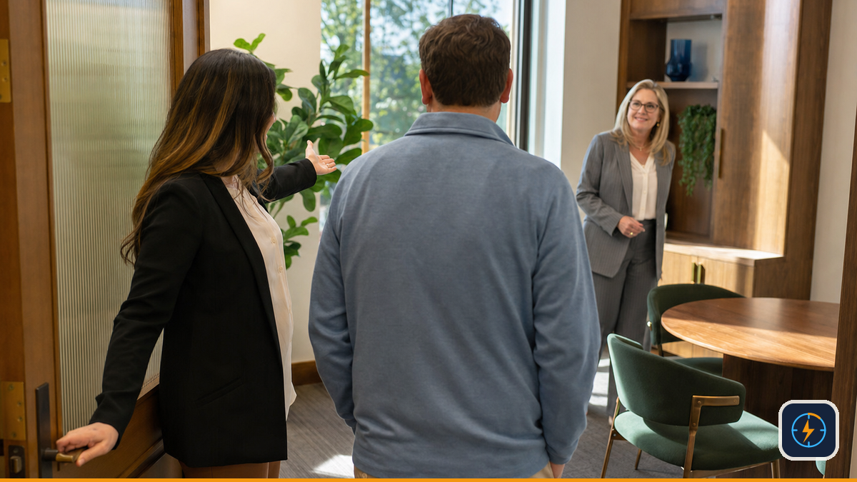Law-office intake specialist guiding a client into a consultation with an attorney
