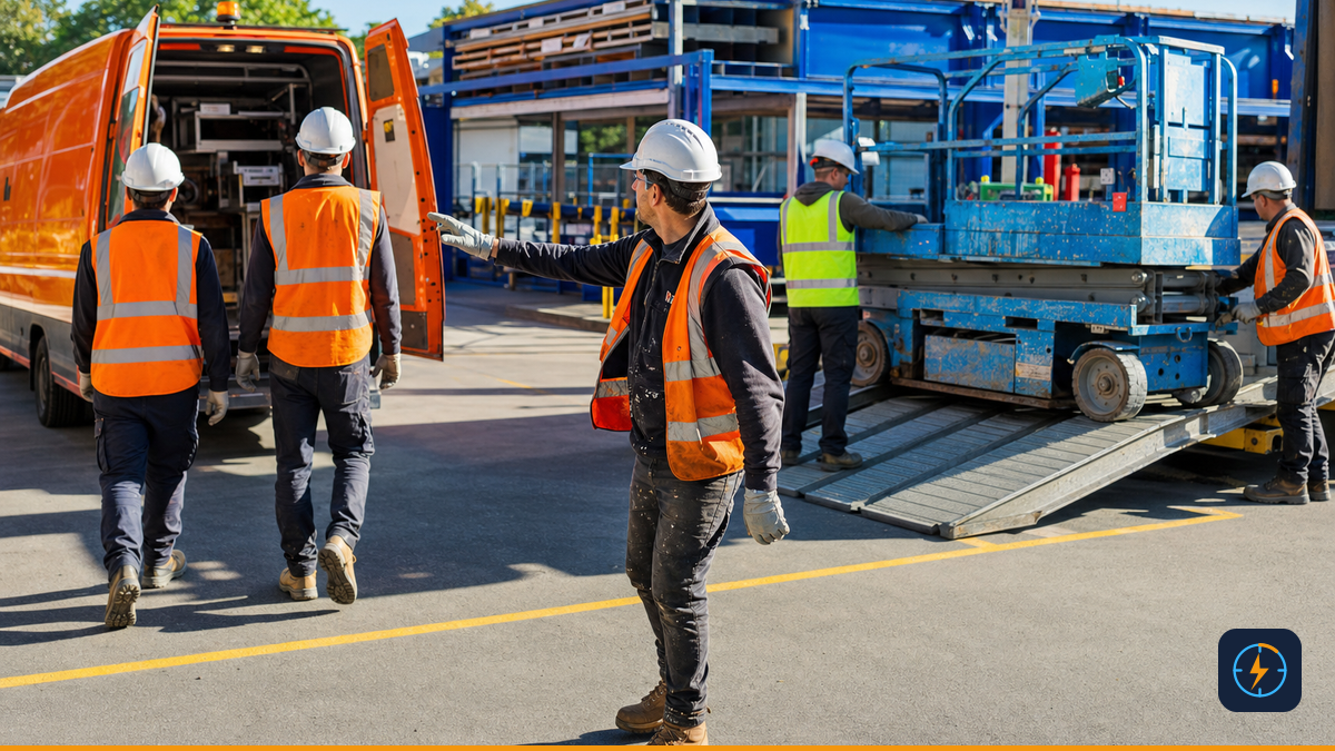 Field coordinator redirecting a ready construction crew toward a service vehicle