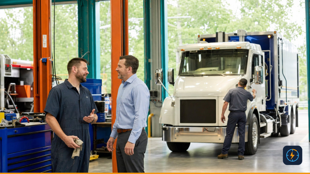 Fleet service coordinator welcoming a customer as a technician brings a vehicle into the bay