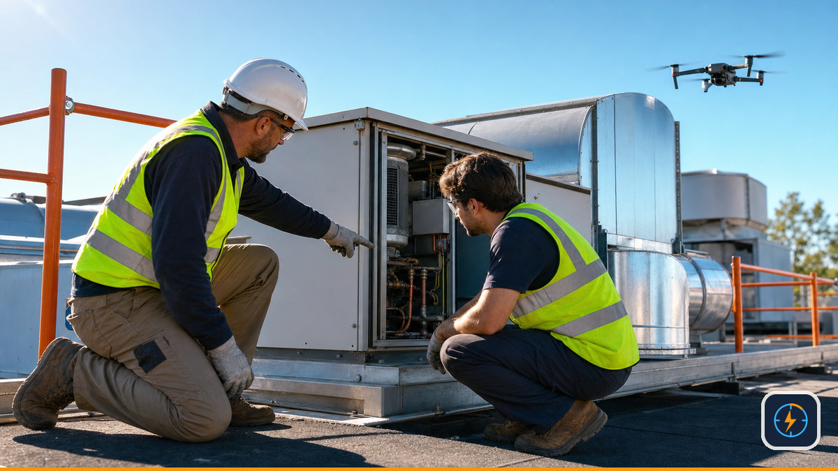 HVAC team coordinating rooftop work while an inspection drone checks another unit
