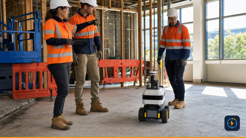 Foreperson coordinating a construction crew and autonomous surveying rover