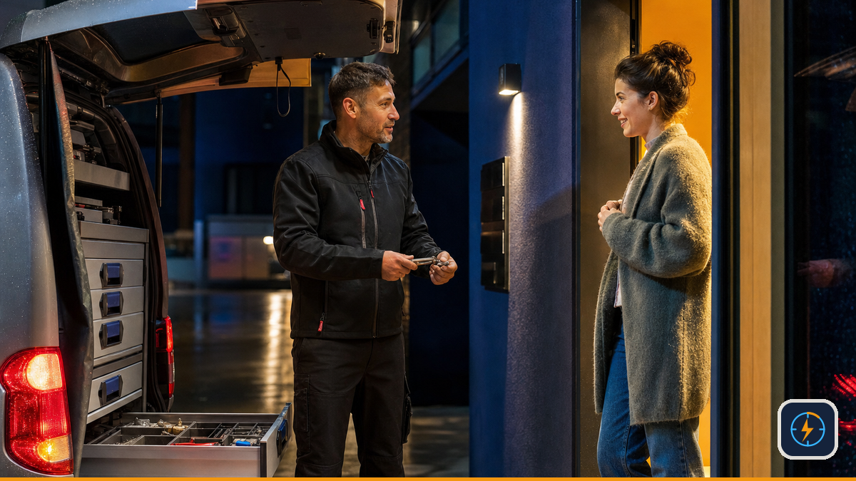 Locksmith arriving to help a resident outside a colourful apartment entrance at night