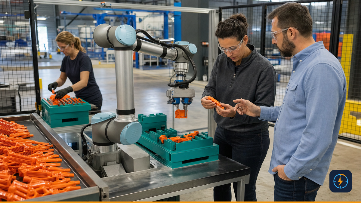 Operations leader and technician coordinating work beside a collaborative robot