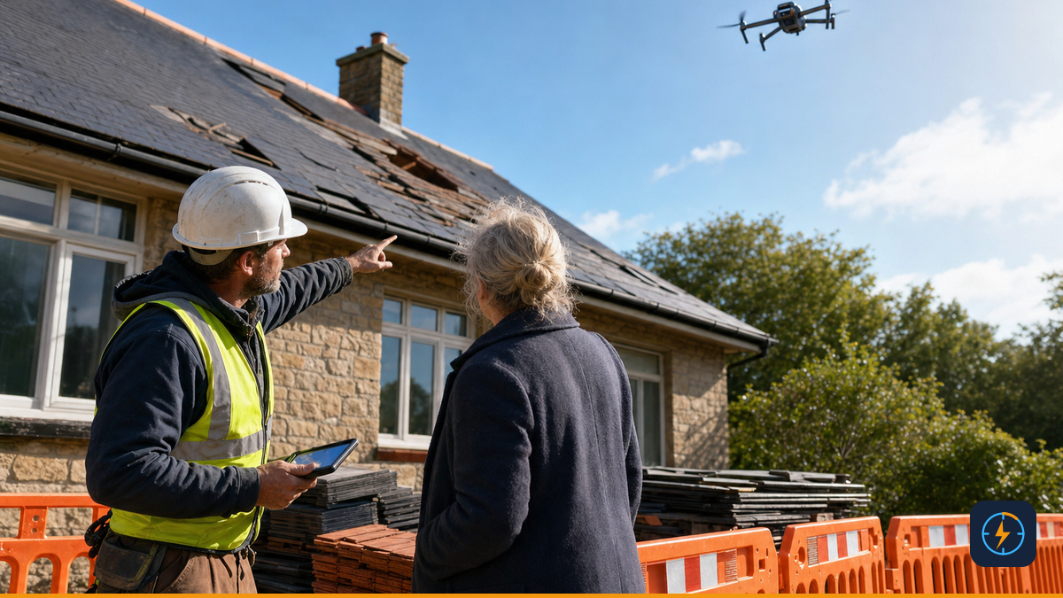 Roofing supervisor and property owner reviewing damage while an inspection drone surveys above