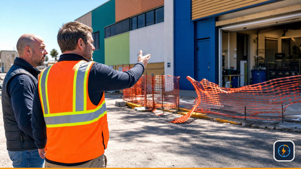 Property manager beginning a site walkthrough as another contractor's service bay stays closed