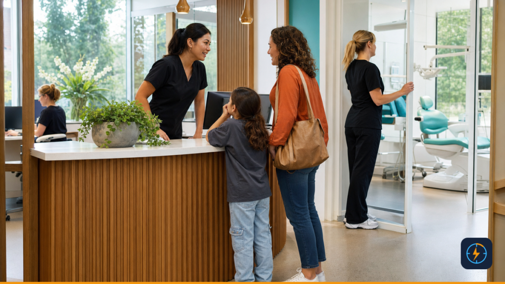 Dental coordinator welcoming a family as an assistant prepares the care area
